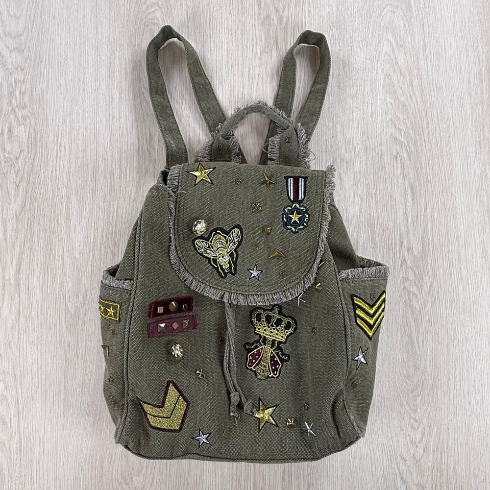 Canvas Patchwork Backpack Steve Madden Military Green Studded Utility Bag